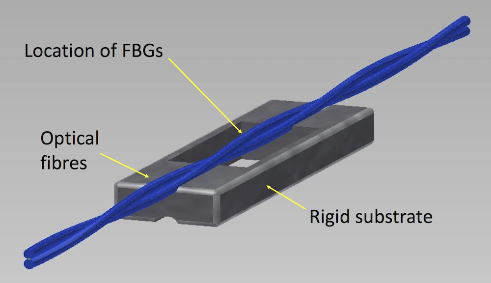 A schematic of the patented temperature compensated FBG transducer